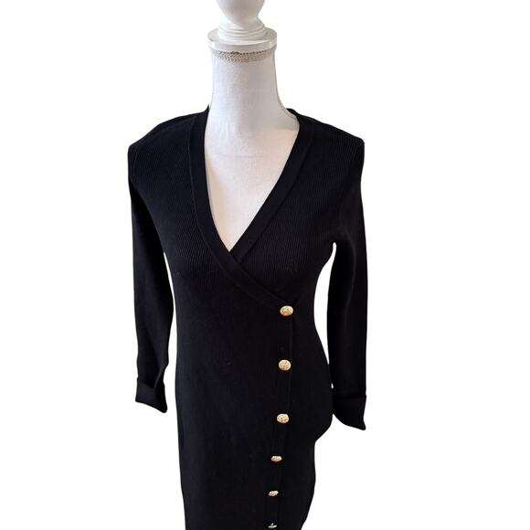 Elie Tahari Ribbed Knit Midi Sweater Dress Black Gold Button Detail L - Picture 2 of 6